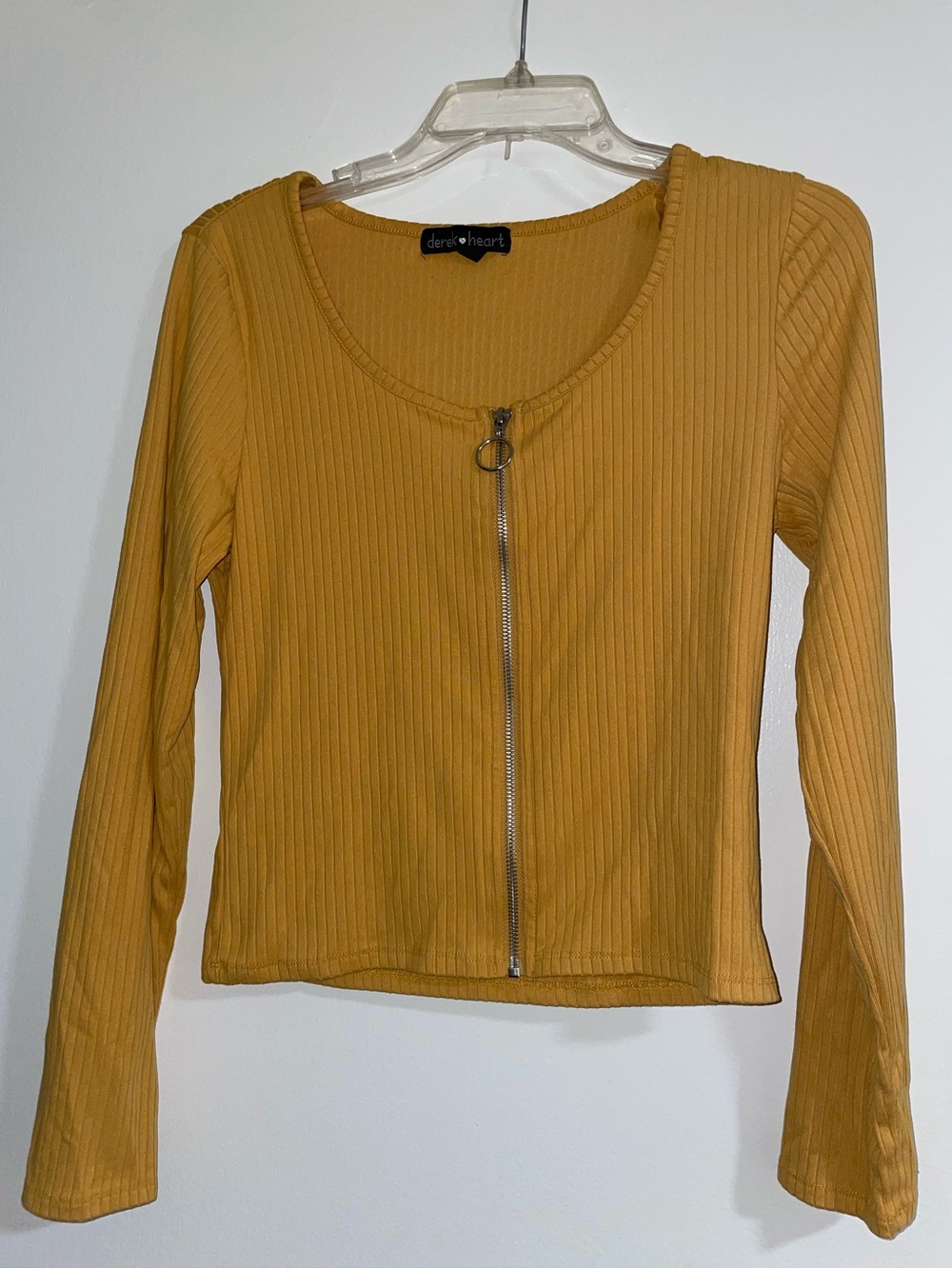 Derek Heart Mustard Yellow Ribbed Zip-Front Long Sleeve Top